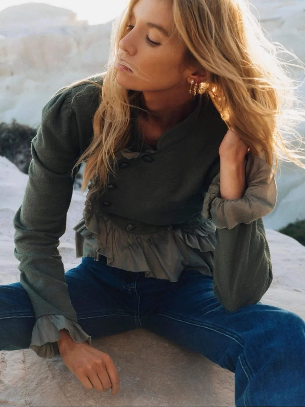 Anthropologie Curved Ruffle Military Cardigan Top Jacket Army Green Large NWT - Picture 6 of 16